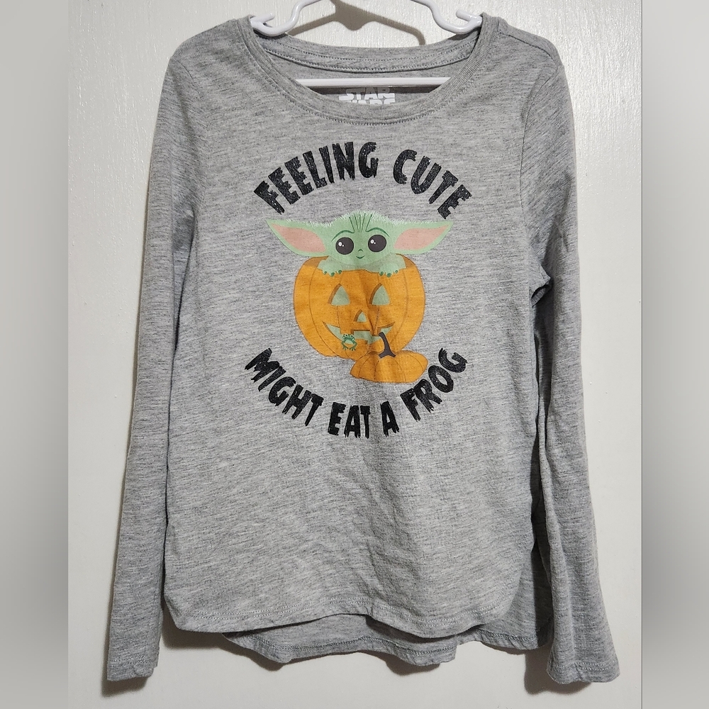 Kids Medium Grogu (Baby Yoda) Long Sleeve Halloween Pumpkin Shirt (Mad Engine)